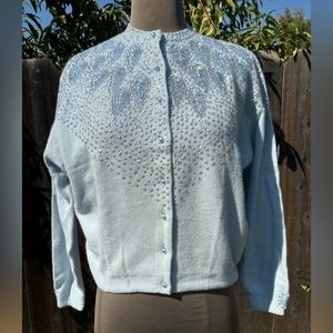 Vintage 1950’s/60’s angora beaded baby blue beaded cardigan lined in satin